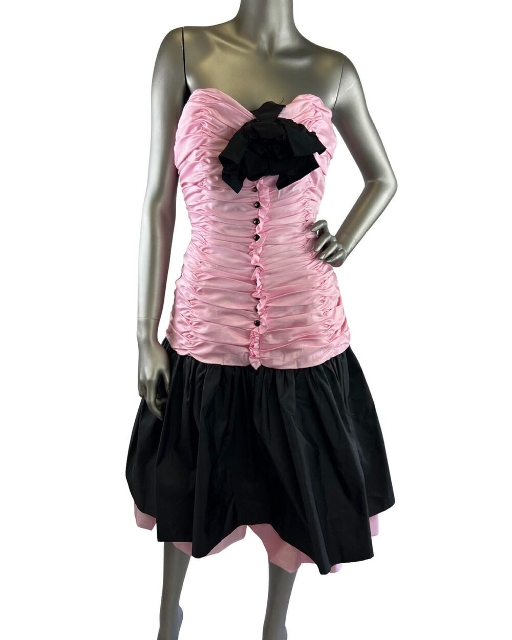 Vintage 1980s Victor Costa Pink and Black Strapless Dress Small
